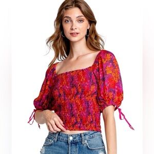 Free People Pink Floral Print Smocked l Puff Sleeve Top